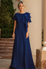 Load image into Gallery viewer, Sheath Chiffon Scoop Navy Long Mother of the Bride Dress with Short Sleeves