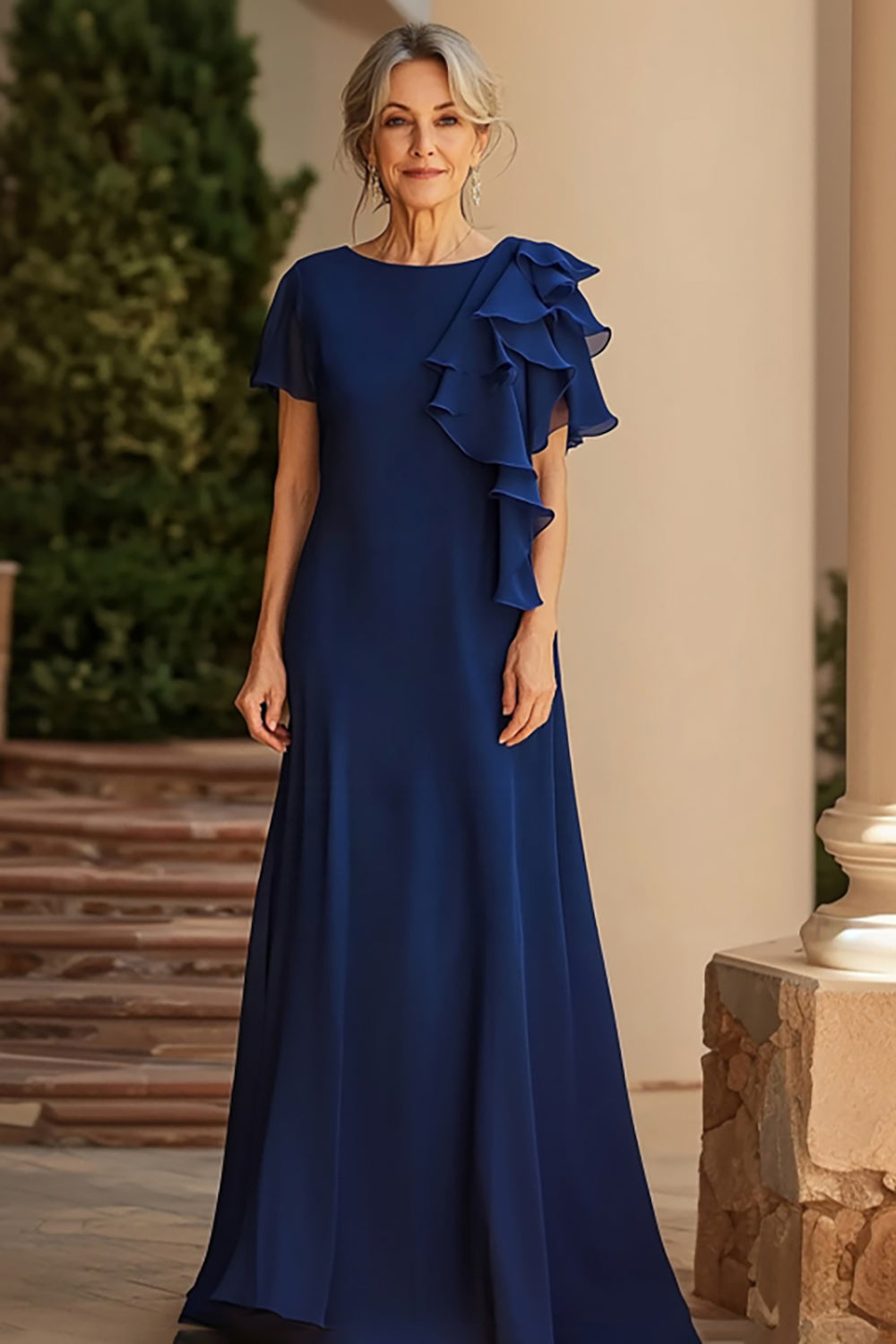 Sheath Chiffon Scoop Navy Long Mother of the Bride Dress with Short Sleeves