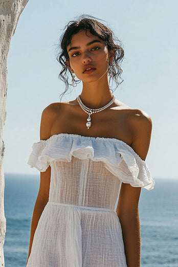 White Sheer Off The Shoulder A Line Engagement Dress
