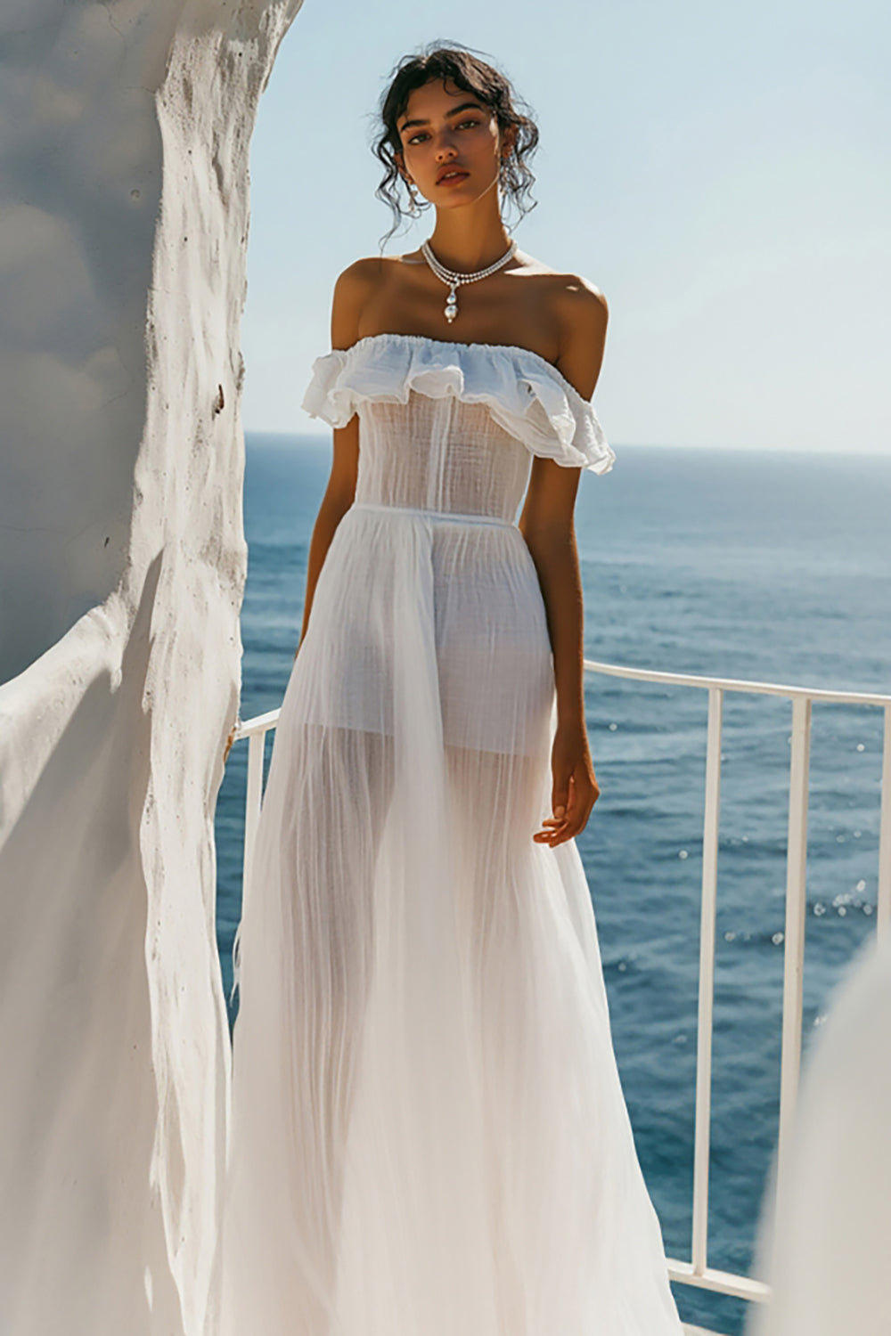 White Sheer Off The Shoulder A Line Engagement Dress