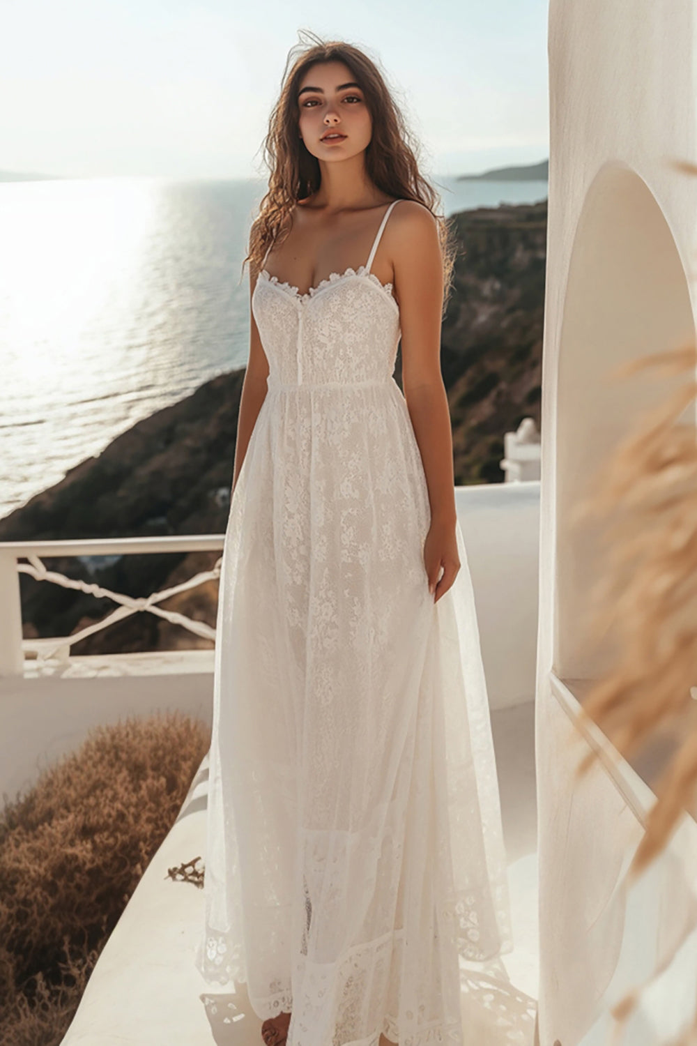 White Spaghetti Straps A Line Long Lace Engagement Dress