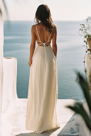 White Deep V-Neck Keyhole Spaghetti Straps Engagement Dress