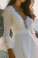 Load image into Gallery viewer, Boho White Lace up Neck Short Graduation Dress with Long Sleeves