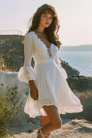 Load image into Gallery viewer, Boho White Lace up Neck Short Graduation Dress with Long Sleeves