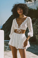 Load image into Gallery viewer, Boho White Lace Up Short Graduation Dress with Long Sleeves
