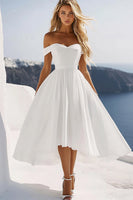 Load image into Gallery viewer, Women Off the Shoulder White Chiffon A Line Graduation Dress Tea Length Little White Dress