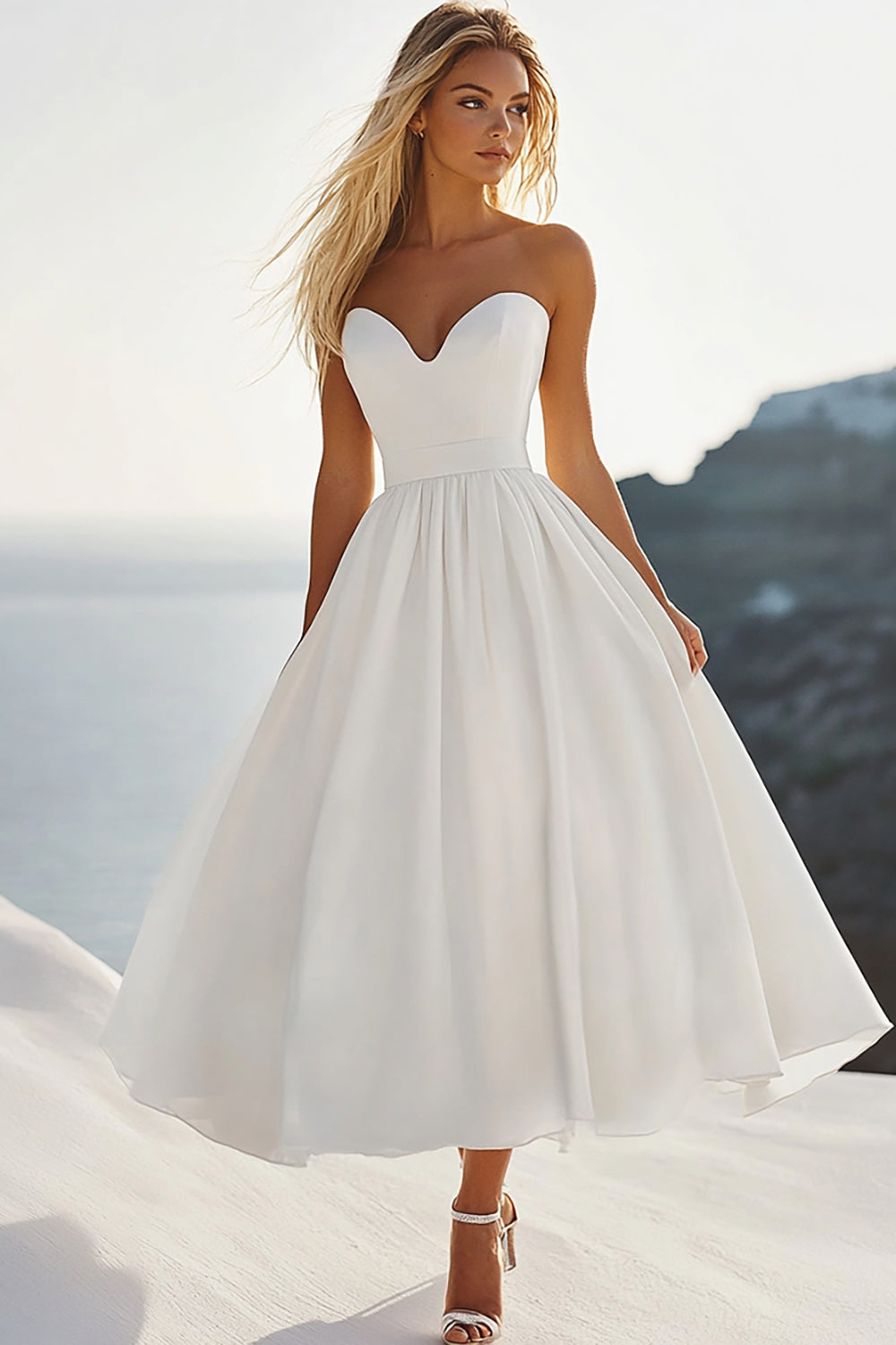 Strapless White A Line Tea Length Graduation Dress