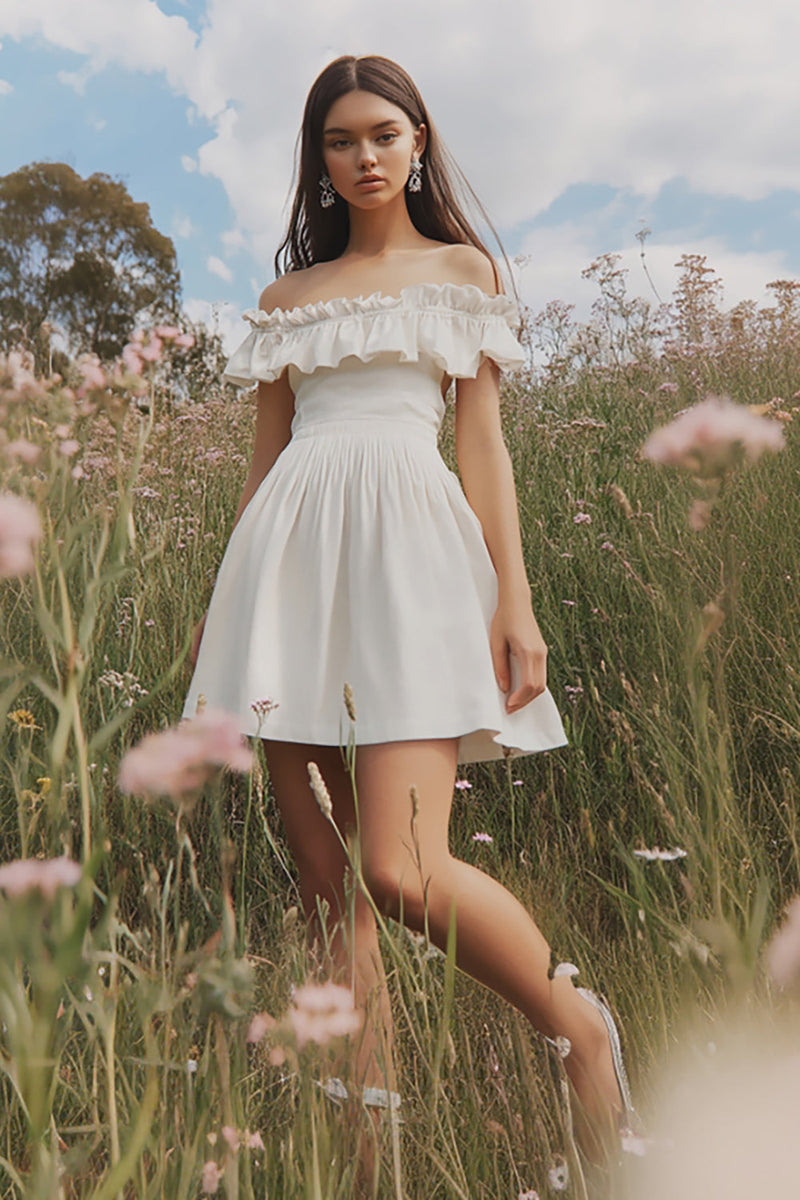 Load image into Gallery viewer, White Flowy Off The Shoulder A Line Short Graduation Dress