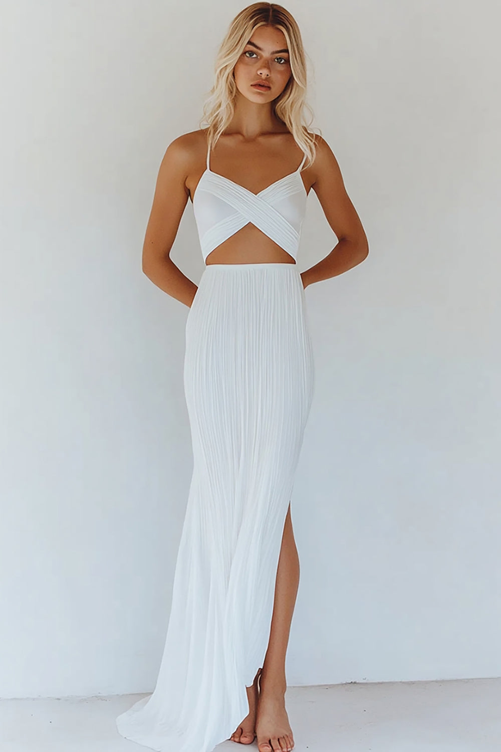 White Spaghetti Straps Cut Out Ankle Length Engagement Dress
