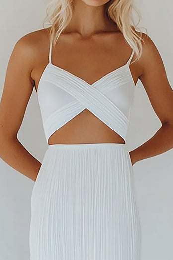 White Spaghetti Straps Cut Out Ankle Length Engagement Dress