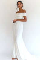Load image into Gallery viewer, White Off The Shoulder Pleated Chiffon Long Engagement Dress