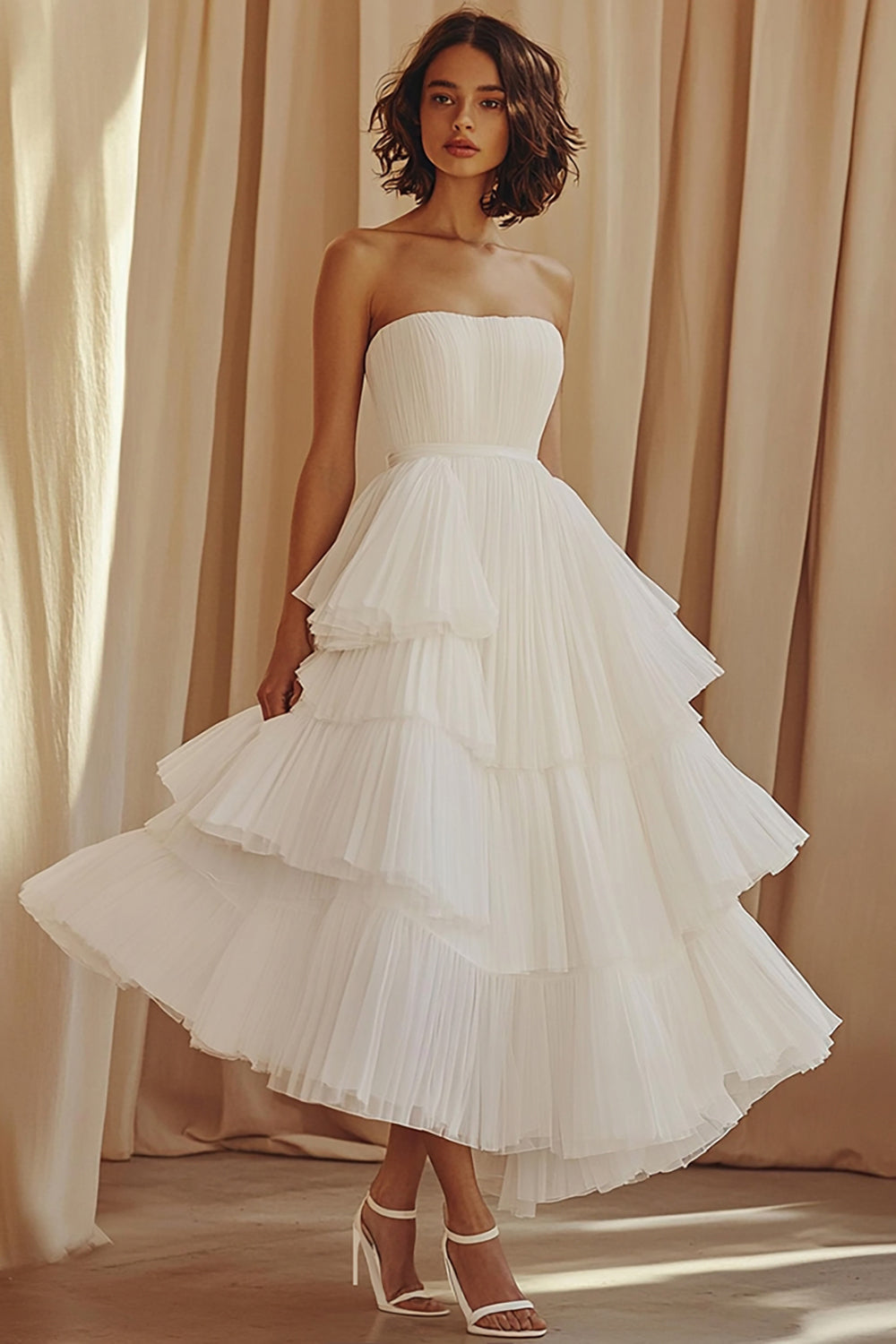 Flowy Tiered White Strapless A Line Long Graduation Dress