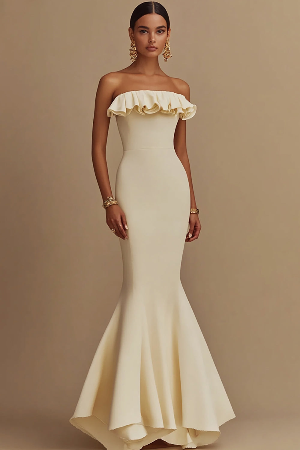 Mermaid Satin White Strapless Engagement Dress with Ruffles