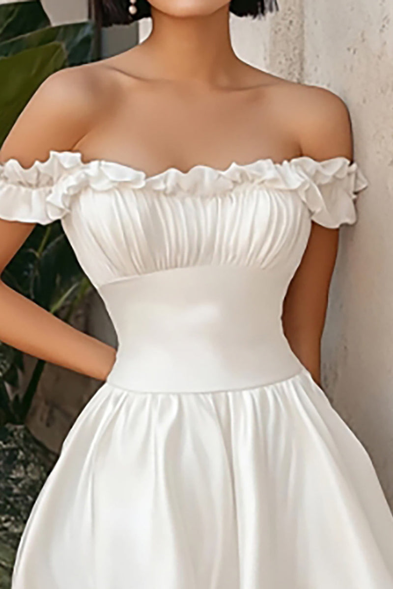 Load image into Gallery viewer, White A Line Off The Shoulder Mini Length Graduation Dress