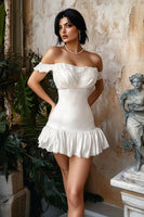 Load image into Gallery viewer, White Off The Shoulder Ruched Mini Length Satin Graduation Dress