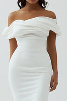 Load image into Gallery viewer, White Off The Shoulder Sheath Tea Length Graduation Dress