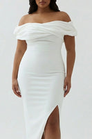 Load image into Gallery viewer, White Plus Size Off The Shoulder Sheath Tea Length Graduation Dress