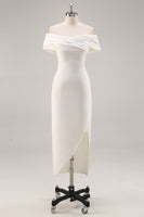 Load image into Gallery viewer, White Off The Shoulder Sheath Tea Length Graduation Dress
