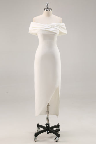 White Off The Shoulder Sheath Tea Length Graduation Dress