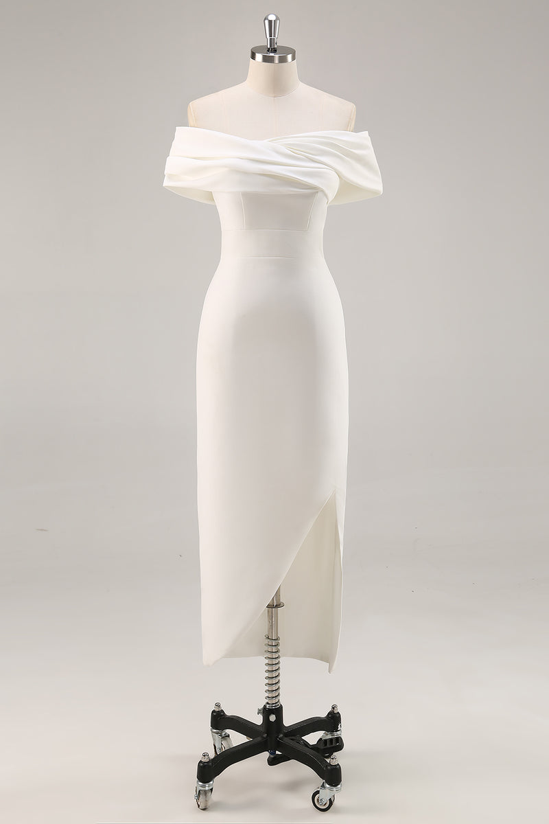 Load image into Gallery viewer, White Sheath Tea Length Off The Shoulder Bridal Shower Dress