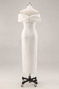 White Off The Shoulder Sheath Tea Length Graduation Dress