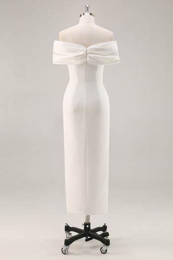 White Sheath Tea Length Off The Shoulder Bridal Shower Dress