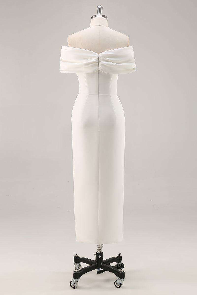 Load image into Gallery viewer, White Sheath Tea Length Off The Shoulder Bridal Shower Dress