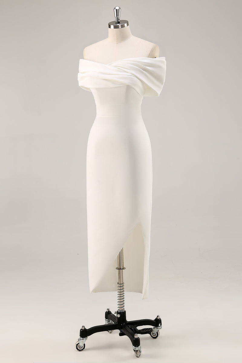 Load image into Gallery viewer, White Sheath Tea Length Off The Shoulder Bridal Shower Dress