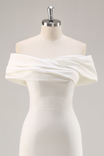 White Sheath Tea Length Off The Shoulder Bridal Shower Dress