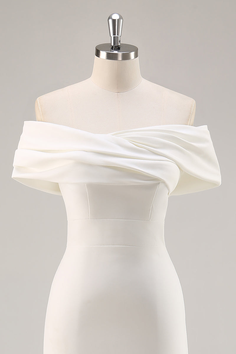 Load image into Gallery viewer, White Sheath Tea Length Off The Shoulder Bridal Shower Dress