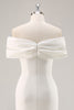 Load image into Gallery viewer, White Sheath Tea Length Off The Shoulder Bridal Shower Dress