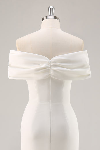 White Sheath Tea Length Off The Shoulder Bridal Shower Dress