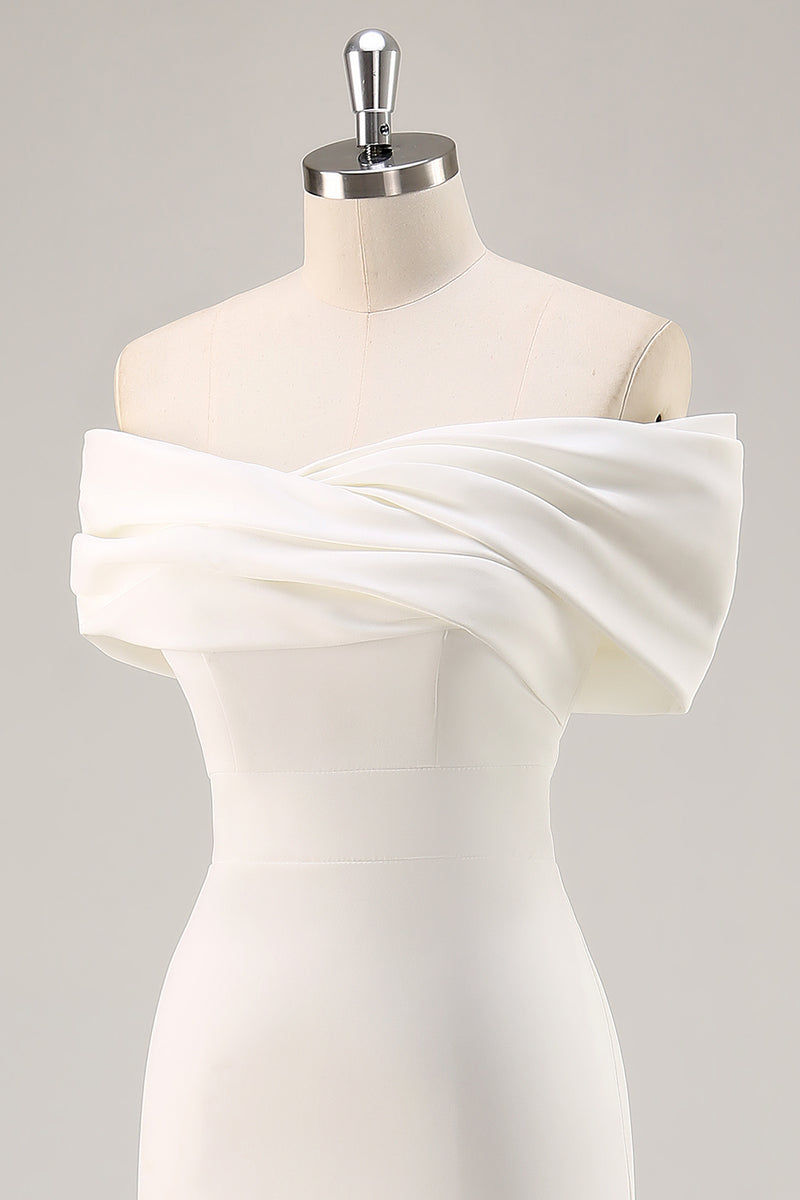 Load image into Gallery viewer, White Sheath Tea Length Off The Shoulder Bridal Shower Dress