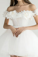 Load image into Gallery viewer, White Off The Shoulder A Line Tulle Short Graduation Dress with 3D Flowers