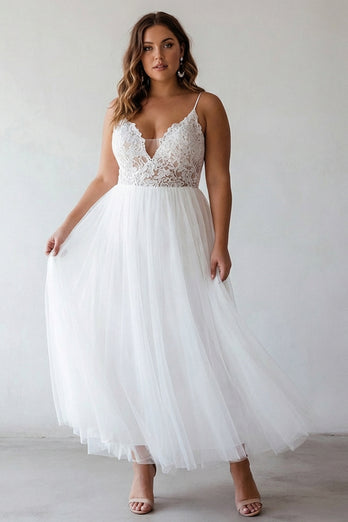 Queendancer Women Plus Size White Tulle A Line Bridal Shower Dress with Lace Ankle Length Spaghetti Straps V-Neck Little White Dress – queendanceruk