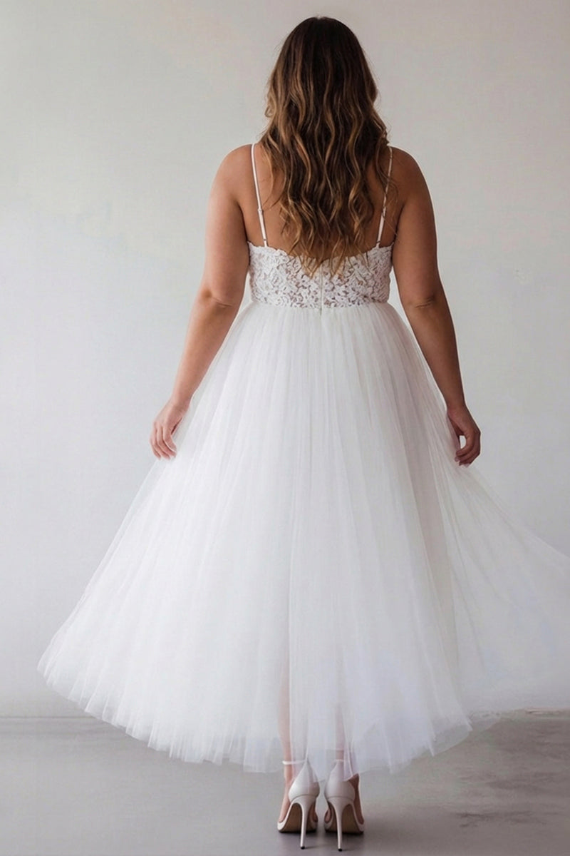 Queendancer Women Plus Size White Tulle A Line Bridal Shower Dress with Lace Ankle Length Spaghetti Straps V-Neck Little White Dress – queendanceruk
