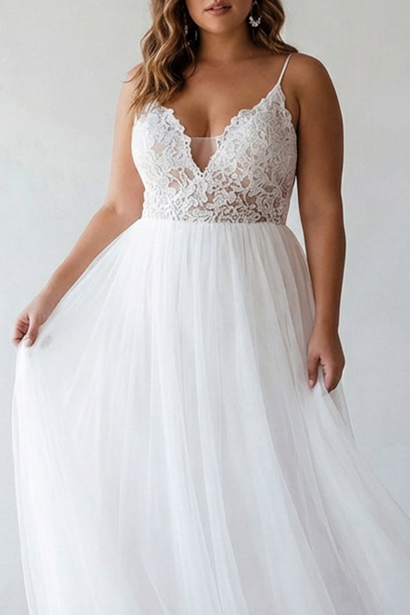 Load image into Gallery viewer, Plus Size White A Line Tulle Embroidered Long Bridal Shower Dress