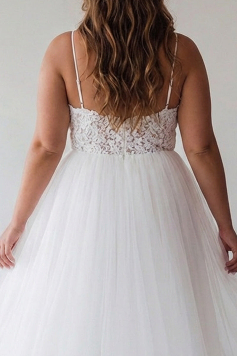 Load image into Gallery viewer, Plus Size White A Line Tulle Embroidered Long Bridal Shower Dress