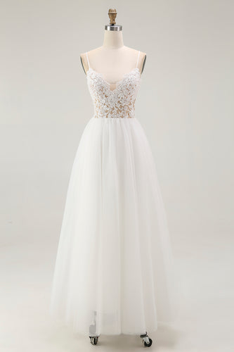 White A Line Tulle Embroidered Bridal Shower Dress