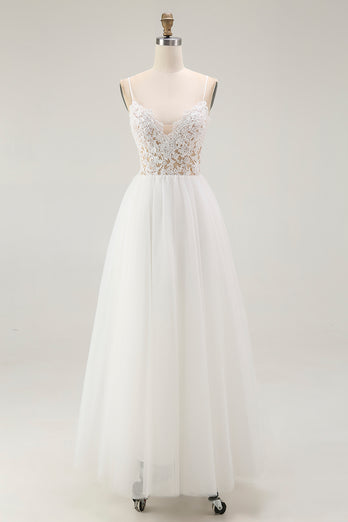 White A Line Tulle Bridal Shower Dress with Embroidery