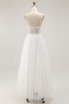 Women A Line Tulle Bridal Shower Dress with Lace Ankle Length Spaghetti Straps V-Neck Elegant Mini White Dress UK