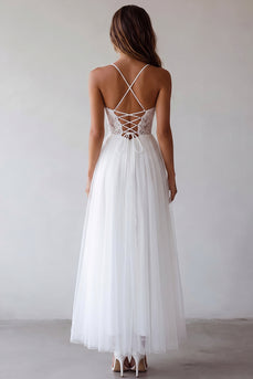 White A Line Tulle Embroidered Bridal Shower Dress