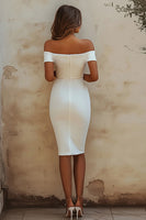 Load image into Gallery viewer, White Sheath Off the Shoulder Satin Bridal Shower Dress