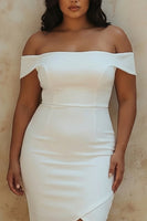 Load image into Gallery viewer, Plus Size White Off the Shoulder Sheath Satin Bridal Shower Dress