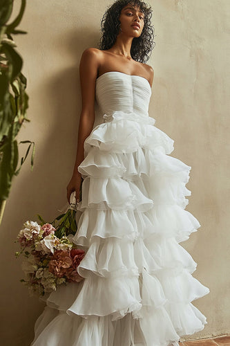 White A Line Strapless Ruched Tiered Long Engagement Dress