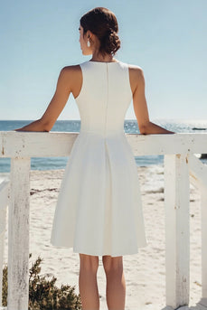 White A Line Boat Neck Satin Knee Length Graduation Dress