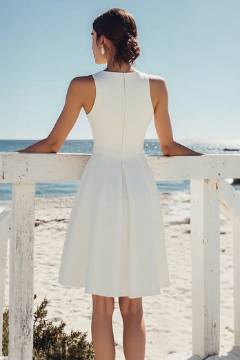 White A Line Boat Neck Satin Knee Length Graduation Dress