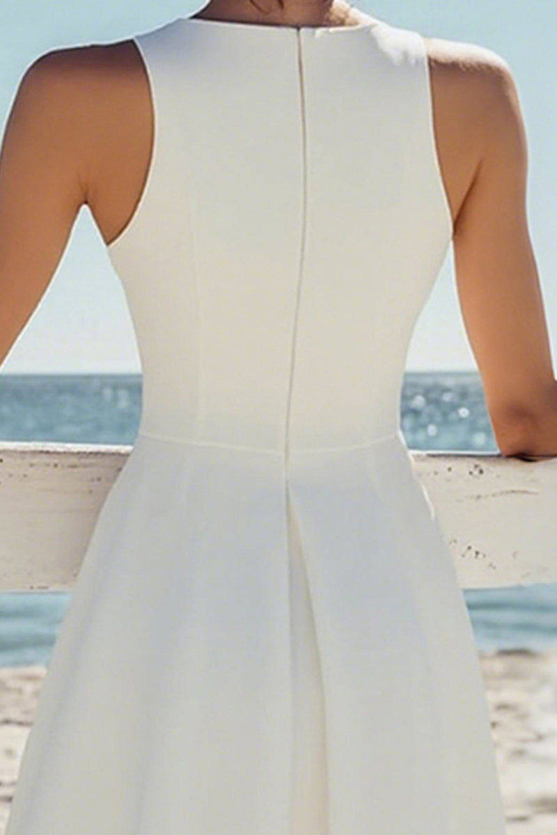 Load image into Gallery viewer, White A Line Boat Neck Satin Knee Length Graduation Dress