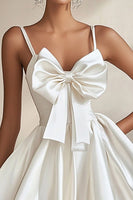 Load image into Gallery viewer, A Line White Satin Spaghetti Straps Short Graduation Dress with Bowknot
