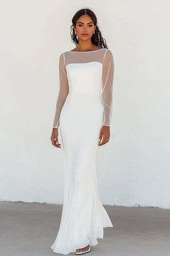 White Boat Neck Sheath Chiffon Long Engagement Dress